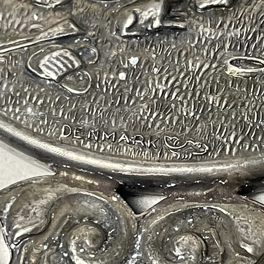 Vintage Hans Jensen Denmark Silverplate Repousse Hand Mirror Tavern Scene 4.5